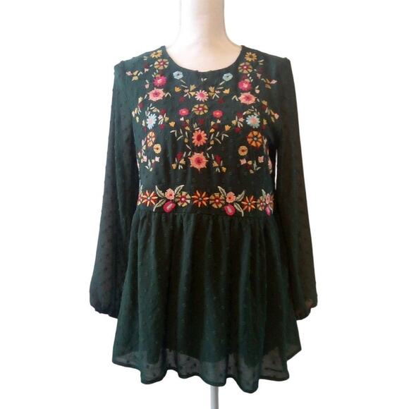 In Loom Embroidered Babydoll Top Size Small Green Swiss Dot Bohemian Fairy Chic - Picture 1 of 7
